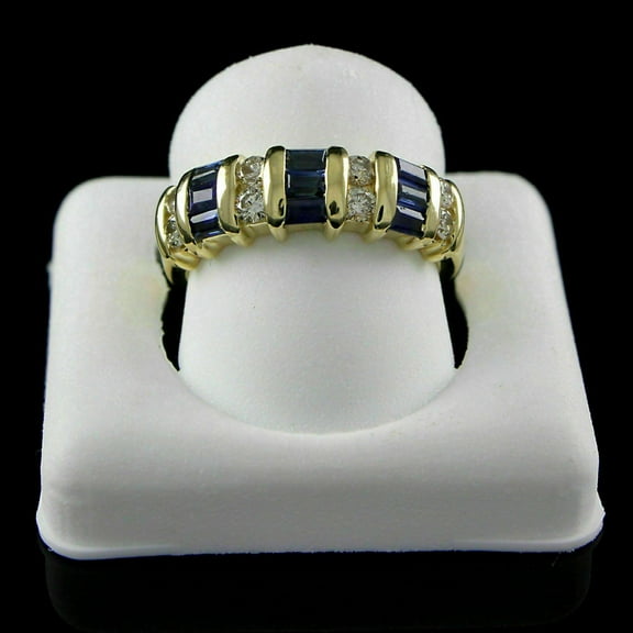 14K Yellow Gold Plated Baguette Cut Blue Sapphire & Diamond Anniversary Band Ring For Women