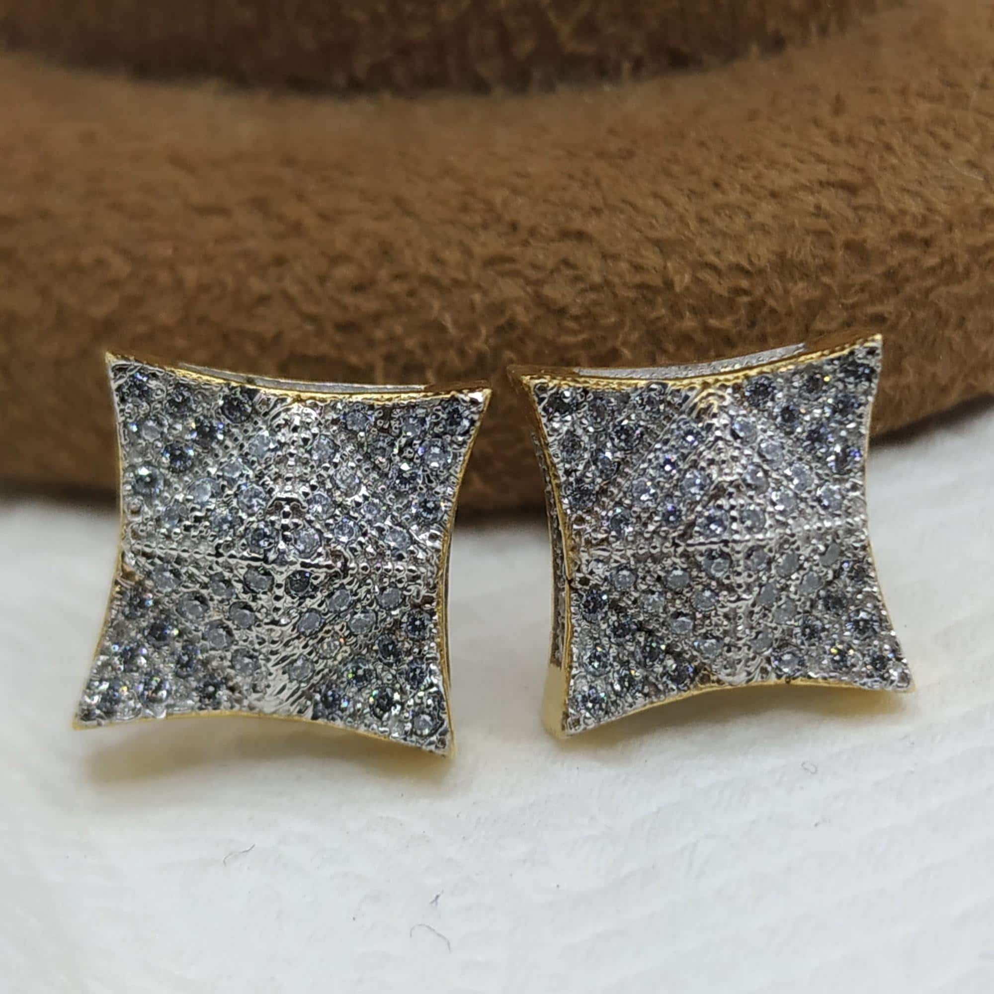 14K Yellow Gold Plated Brass 1Ct Round Cut Clear CZ Men's Square Stud Earrings, Micro Pave CZ Stud Earrings Kite Shape Square Stud Earrings