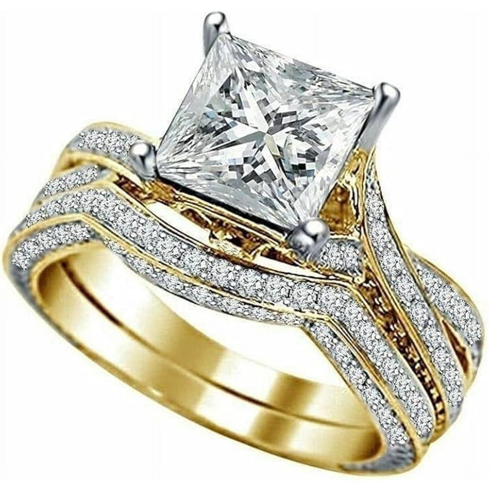 14K Yellow Gold-Plated Bridal Set 2 CT Princess Cut White Diamond Engagement Ring with Curved Wedding Band 925 Sterling Silver Anniversary Gift For Women