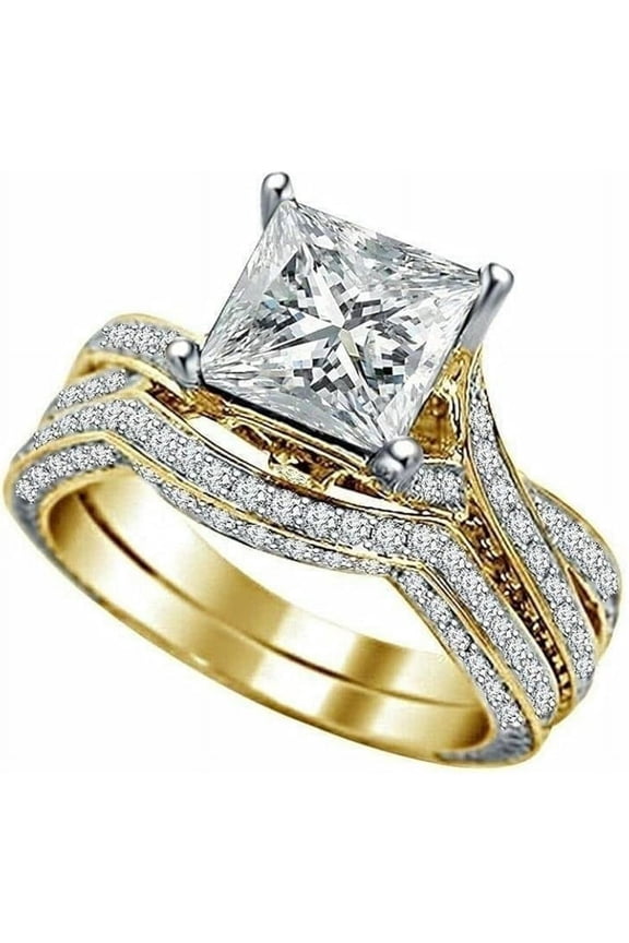 14K Yellow Gold-Plated Bridal Set 2 CT Princess Cut White Diamond Engagement Ring with Curved Wedding Band 925 Sterling Silver Anniversary Gift For Women