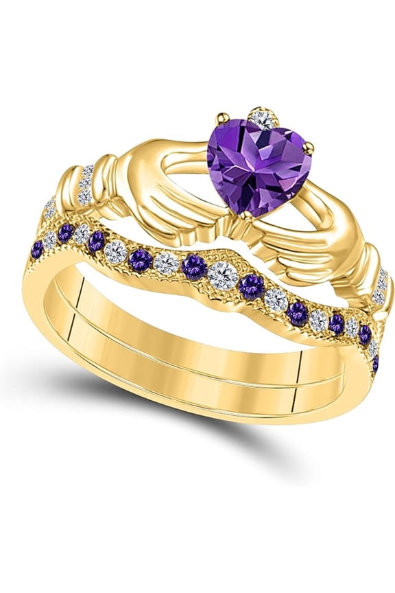 14K Yellow Gold-Plated Crown Design Claddagh Bridal Set 1 CT Heart-Cut Amethyst Engagement Ring with Curved Wedding Band 925 Sterling Silver Anniversary Gift For Women