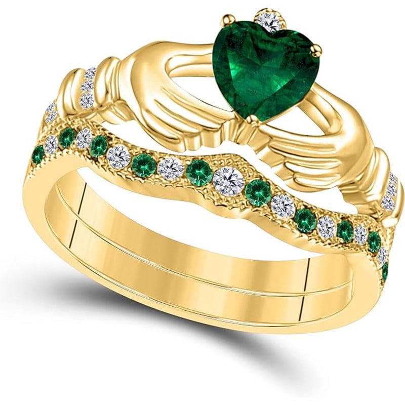14K Yellow Gold-Plated Crown Design Claddagh Bridal Set 1 CT Heart-Cut Green Emerald Engagement Ring with Curved Wedding Band 925 Sterling Silver Anniversary Gift For Women