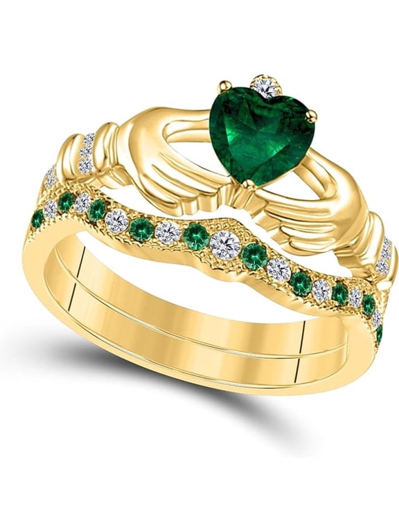 14K Yellow Gold-Plated Crown Design Claddagh Bridal Set 1 CT Heart-Cut Green Emerald Engagement Ring with Curved Wedding Band 925 Sterling Silver Anniversary Gift For Women