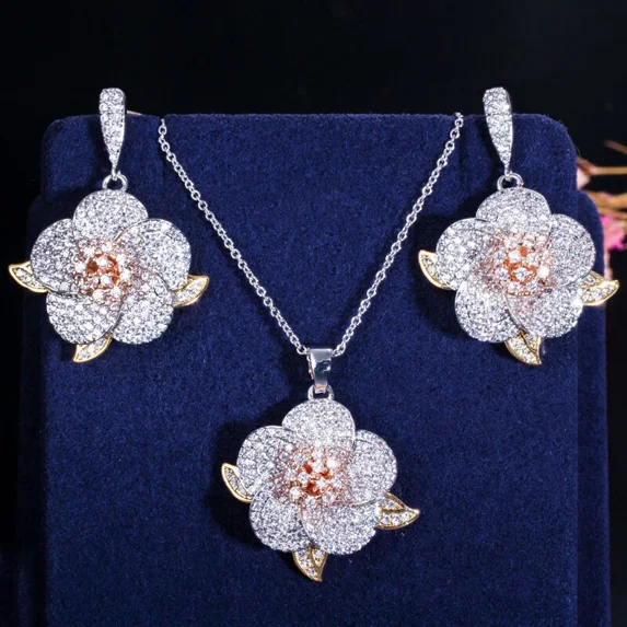 14K Yellow Gold Plated Flower Pendant and Earrings For Women Jewelry Set 3Ct Round Cut Simulated Diamond For 925 Sterling Silver