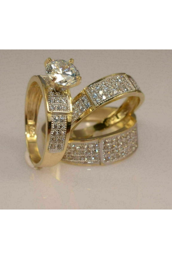 14K Yellow Gold Plated His & Her Bridal Trio White Diamond Round Cut Engagement Band Ring Set -4