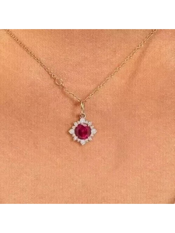 14K Yellow Gold Plated Lab Created 2Ct Round Cut Red Ruby Women's Beauty Pendant