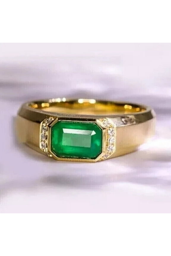 14K Yellow Gold Plated Lab Created Green Emerald 2Ct Emerald Men's Wedding Ring Sterlng Silver