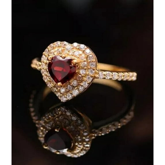 14K Yellow Gold Plated Lab Created Red Garnet 2Ct Heart Cut Women's Engagement Ring