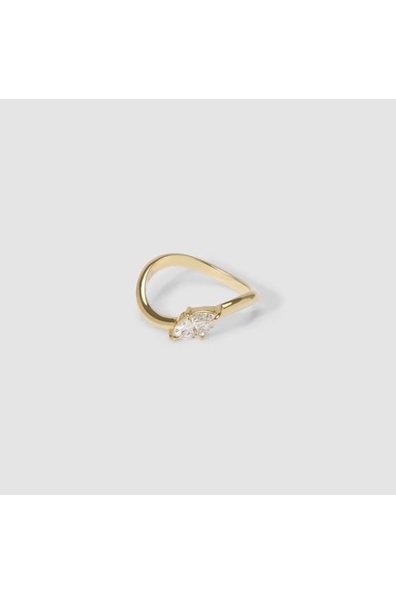 14K Yellow Gold Plated Marquise Cut Moissanite Ring Modern Curved Bypass Solitaire Engagement Band for Her