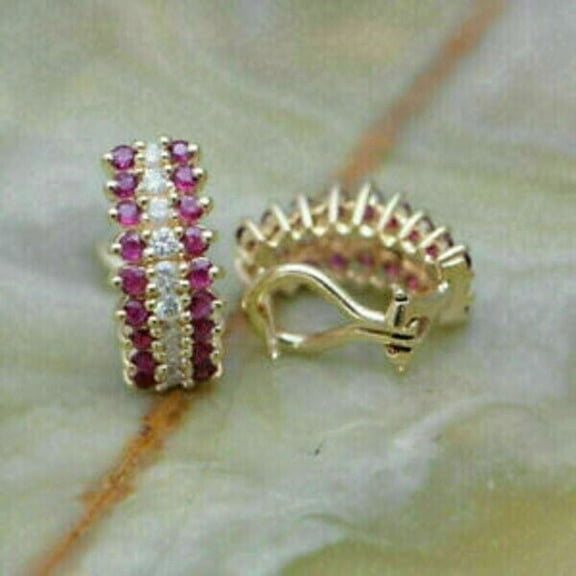 Silver & Stone Jewels 14K Yellow Gold Plated Omega Hoop Earrings Round Cut Ruby & Cubic Zirconia