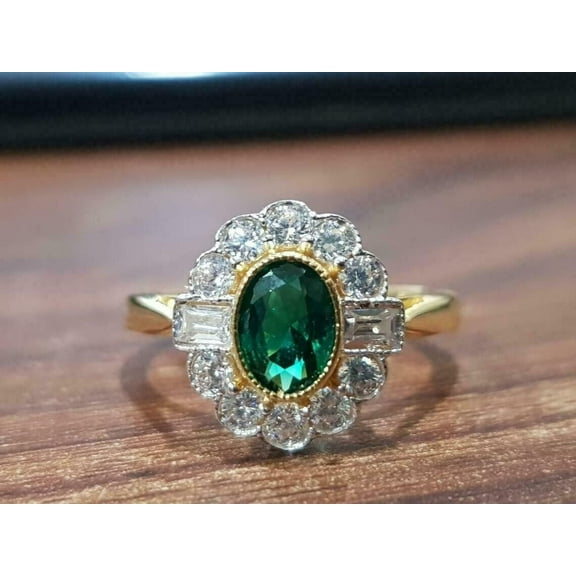 14K Yellow Gold Plated Oval Cut Green Emerald & Diamond Cocktail Anniversary Ring Women's Wedding Ring