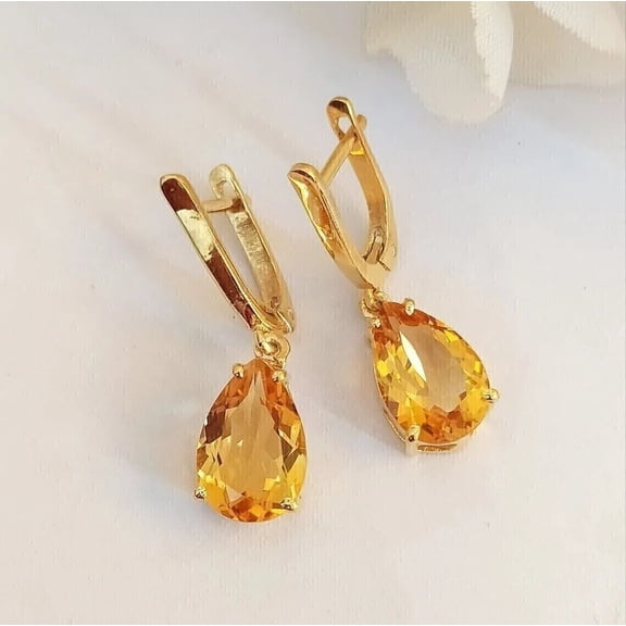 14K Yellow Gold Plated Pear Cut Yellow Citrine Drop/Dangle Earrings For Women