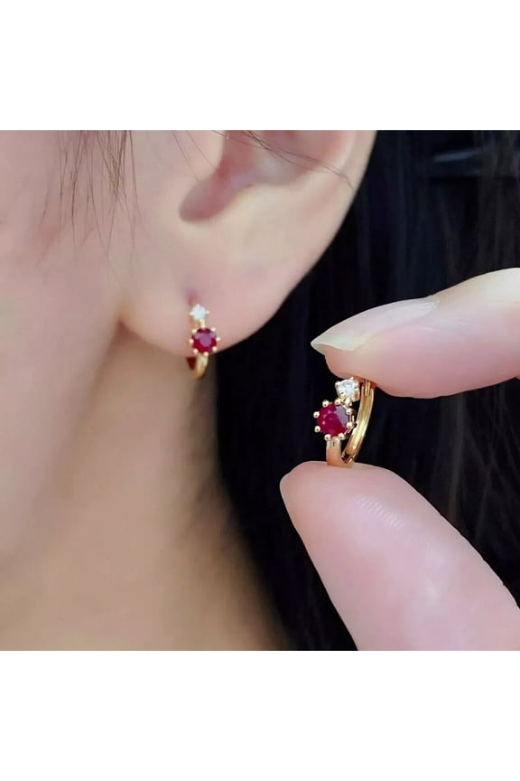 14K Yellow Gold Plated Round Cut 2Ct Lab Created Red Ruby Women's Hoop Earring Solid 925 Sterling Silver