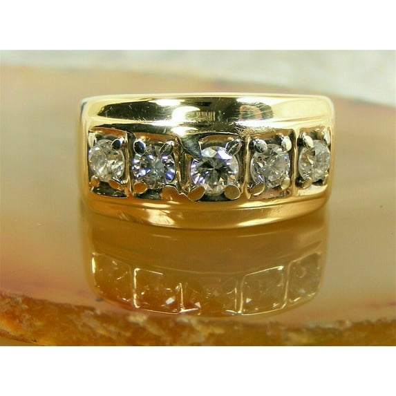 14K Yellow Gold Plated Round Cut White Diamond 5 Stone Men's Wedding Band Ring