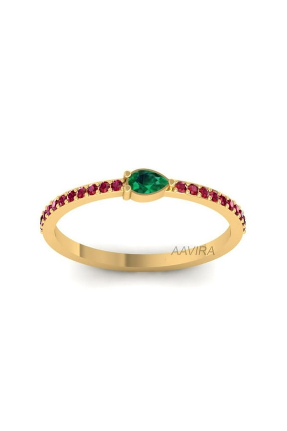 Round and Pear Emerald Ruby Promise Ring for Women, 14K Yellow Gold Plated Delicate Gemstone Ring