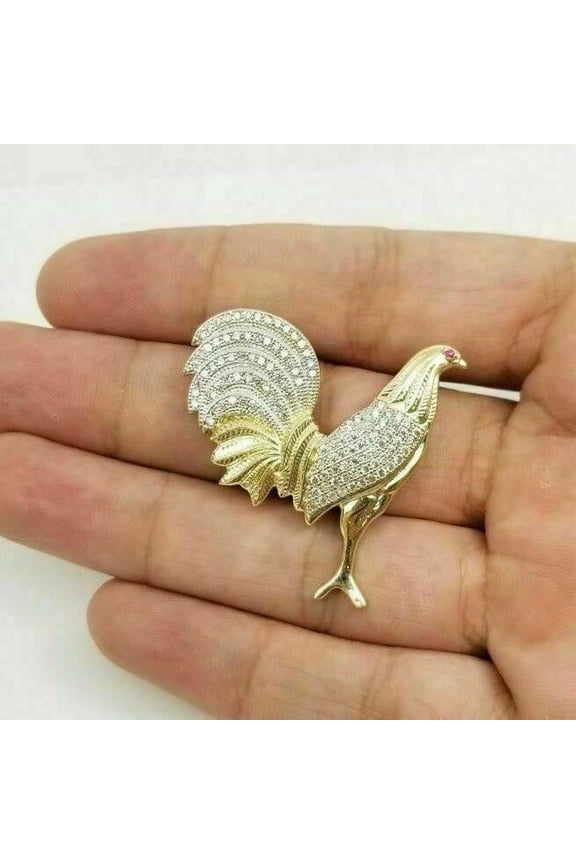14K Yellow Gold Plated Silver 1.5Ct Round Cut Natural Moissanite Rooster Pendant