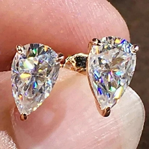 14K Yellow Gold Plated Silver 2Ct Pear Cut Lab Created Diamond Beautiful Solitaire Stud Earrings