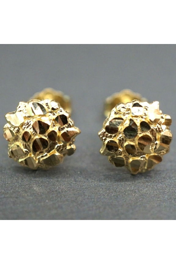 14K Yellow Gold Plated Brass 8.5MM Round Diamond Illusion Nugget Stud Earrings, Men's & Women's, Hypoallergenic