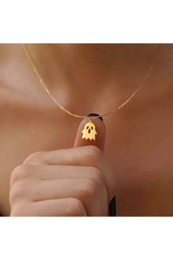 14K Yellow Gold Plated Spooky Ghost Necklace for Her Halloween Gift