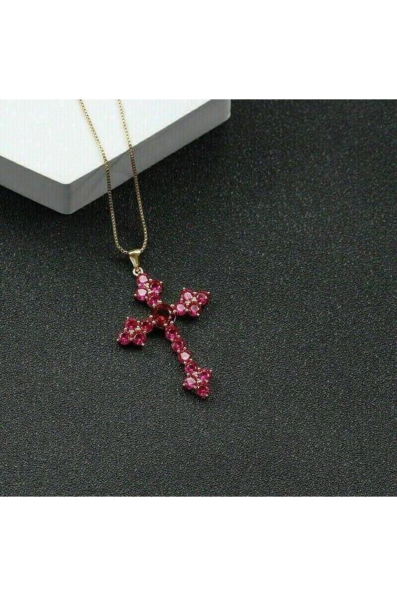 14K Yellow Gold Plated Women's Cross Pendant 0.75Ct Round Cut Simulated Red Ruby