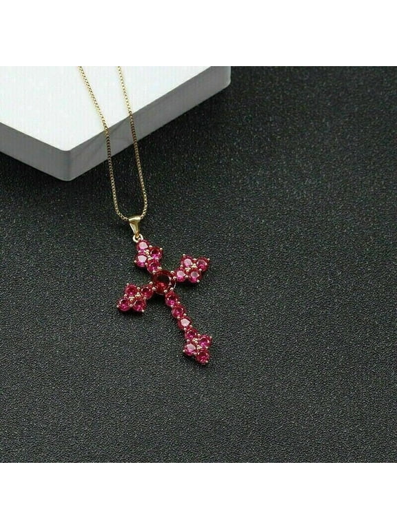 14K Yellow Gold Plated Women's Cross Pendant 0.75Ct Round Cut Simulated Red Ruby