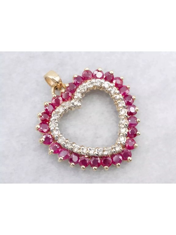 14K Yellow Gold Plated Women's Heart Pendant 2Ct Lab-Created Red Ruby Round Cut 925 Sterling Silver