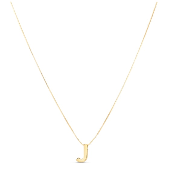 14K Yellow Gold Polish Block Initial "J" on 0.50mm Box Chain with Lobster Clasp 16-18in