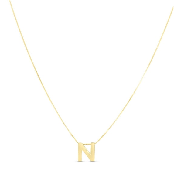 14K Yellow Gold Polish Block Initial "N" on 0.50mm Box Chain with Lobster Clasp 16-18in