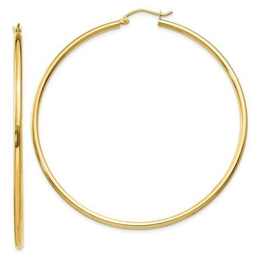 14K Yellow Gold Polished 2 x 60 mm Tube Hoop Earrings