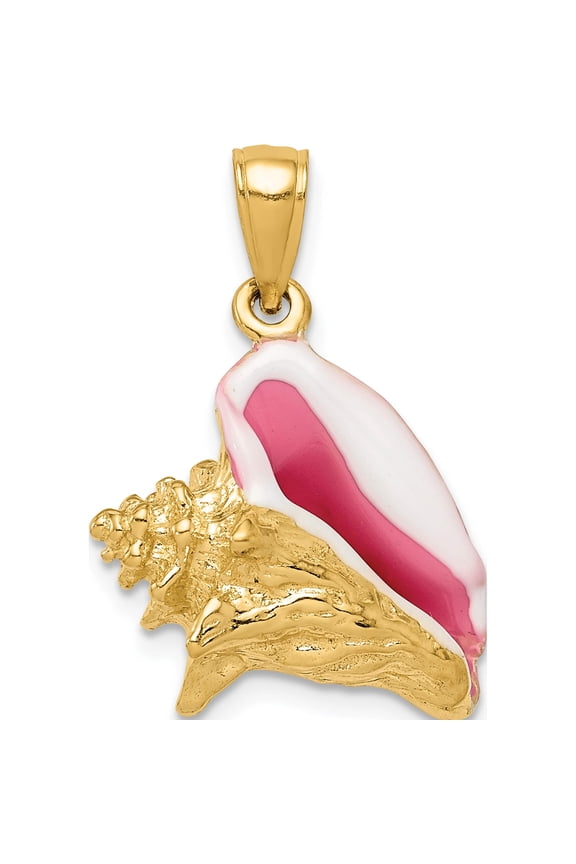 14K Yellow Gold Polished 3-D Pink and White Enameled Conch Shell Pendant