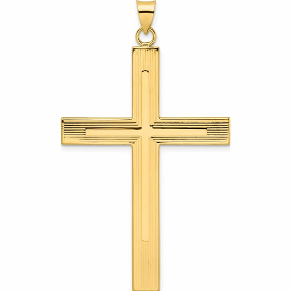 14K Yellow Gold Polished And Line Design Solid Cross Pendant (60.12 X 35) Made In United States -Jewelry By Sweet Pea
