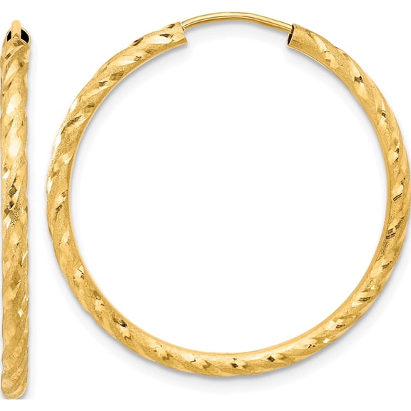 14K Yellow Gold Polished And Satin D/C 2.00Mm Endless Hoop Earrings (Width 2) (Length 29.7) - Jbsp