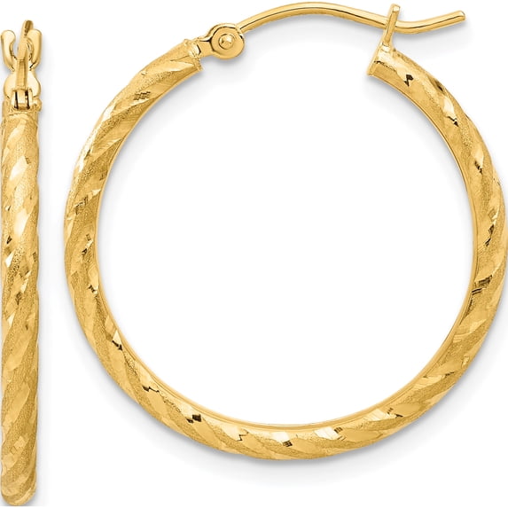 14K Yellow Gold Polished And Satin D/C 2.05Mm Hoop Earrings (Width 24.9) (Length 26.5) - Jbsp