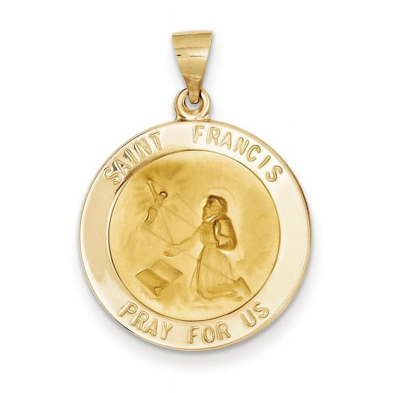 14K Yellow Gold Polished And Satin St Francis Medal Hollow Pendant (30.5 X 22.5) Made In United States xr1323