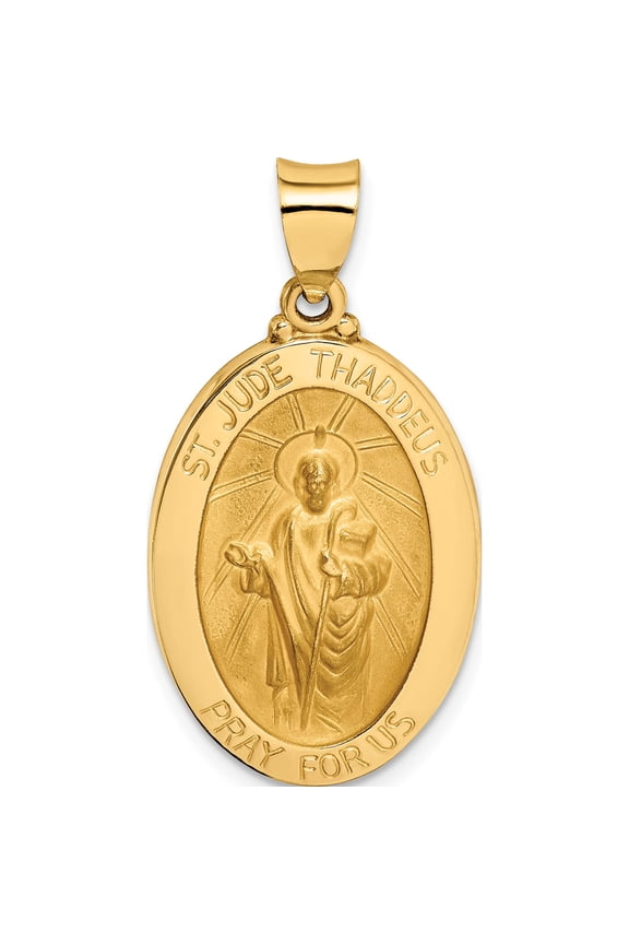 14K Yellow Gold Polished and Satin Hollow St Jude Thaddeus Medal Oval Pendant