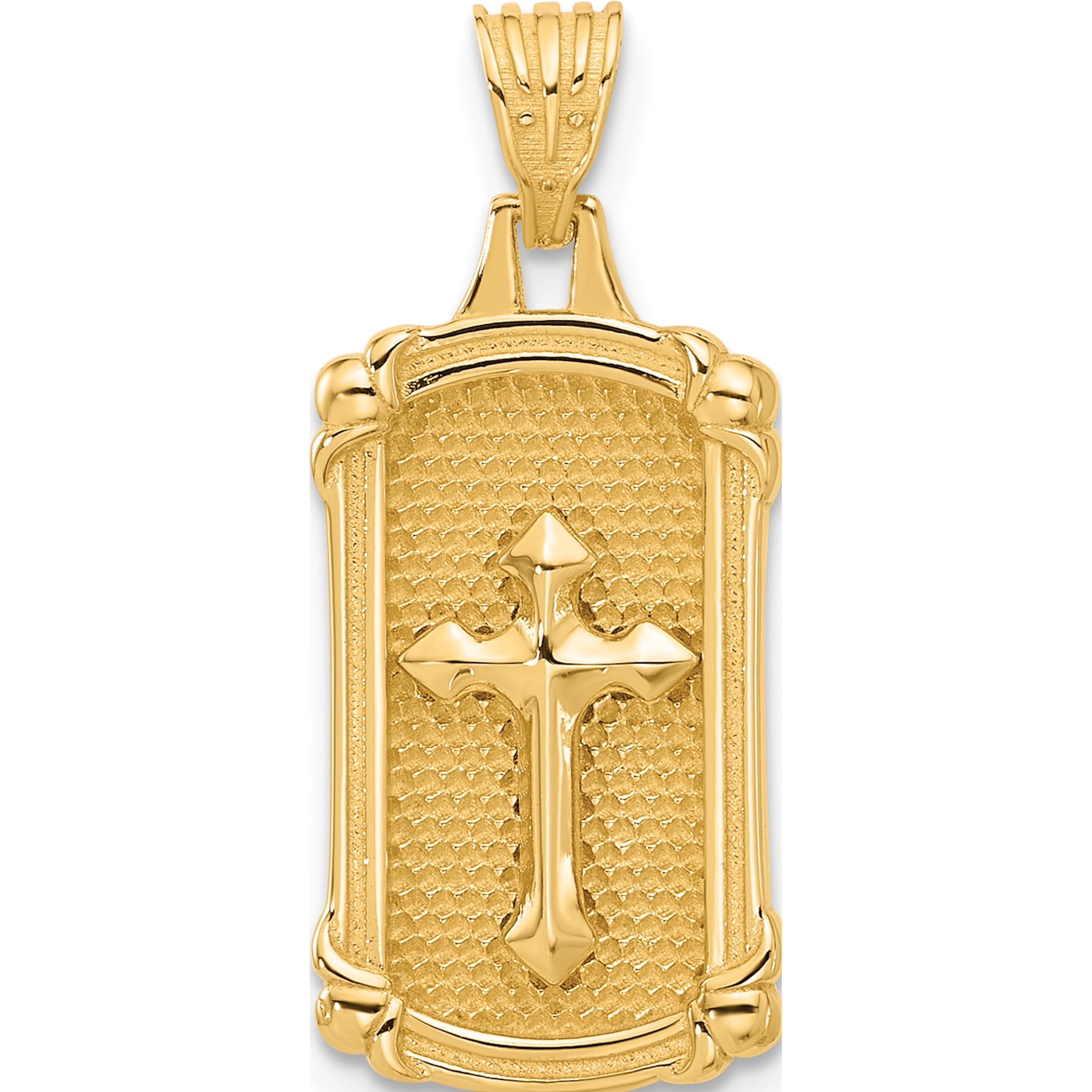 14K Yellow Gold Polished And Textured Dog Tag Cross Pendant (Width