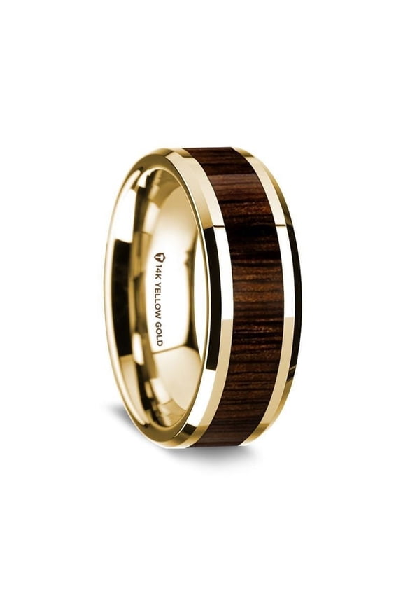 14K Yellow Gold Polished Beveled Edges Wedding Ring with Black Walnut Wood Inlay - 8 mm