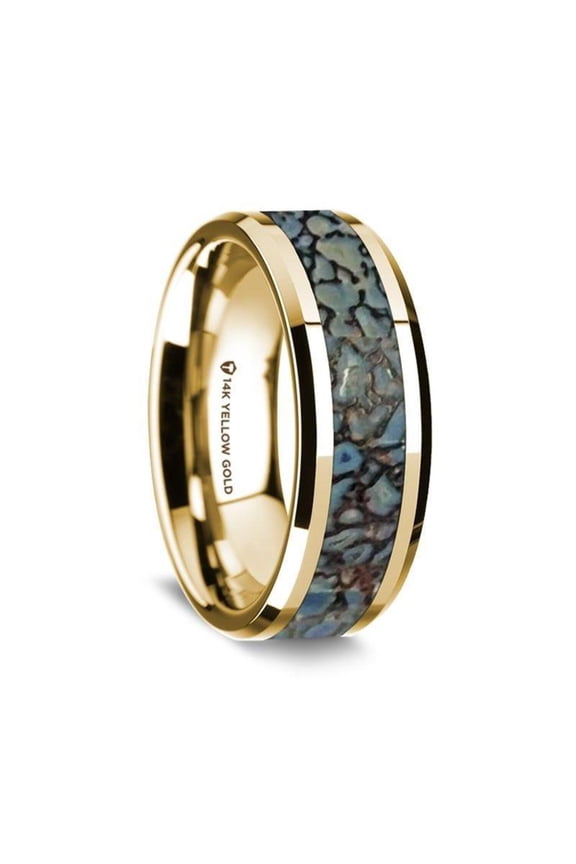 14K Yellow Gold Polished Beveled Edges Wedding Ring with Blue Dinosaur Bone Inlay - 8 mm - Size 10