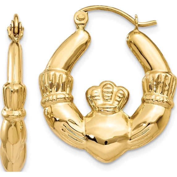 14K Yellow Gold Polished Claddagh Hoop Earrings (10 X 3) Made In Indonesia t901