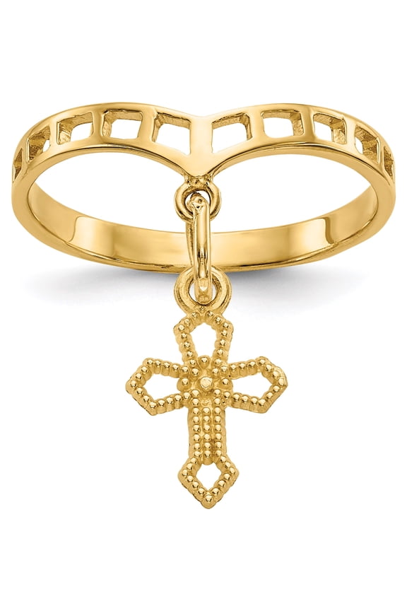 14K Yellow Gold Polished Cross Dangle Charm Ring (Size 6) Made In United States r133