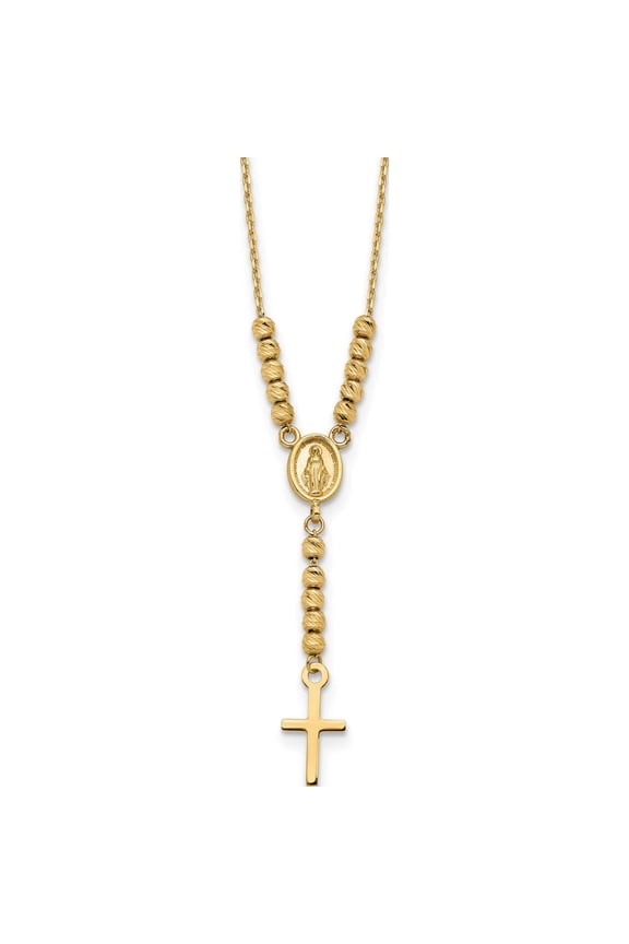 14K Yellow Gold Polished Miraculous Medal and Cross with Diamond-cut Beads 17 inch Y-Necklace