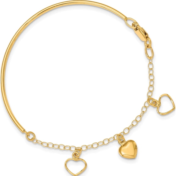Jewelry by Sweet Pea 14K Yellow Gold Polished Dangle Heart Chain Half Bangle 7 inch Bracelet