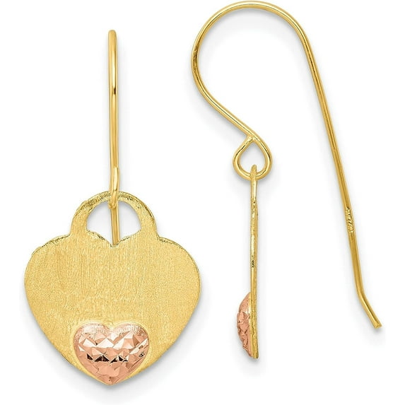 14K Yellow Gold Polished Diamond Cut Heart Dangle Earrings - 23.5mm