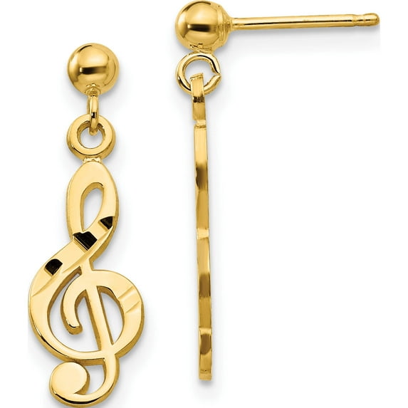 14K Yellow Gold Polished & Diamond-Cut Treble Clef Dangle Post Earrings (22 X 6) Made In United States s1137