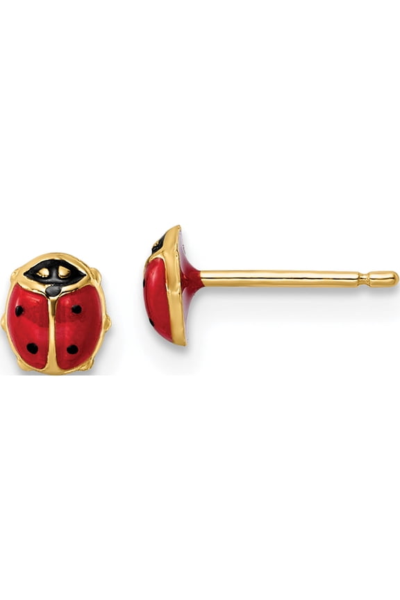 14K Yellow Gold Polished Enameled Small Ladybug Post Earrings (5 X 4.5) Made In Italy ye2083