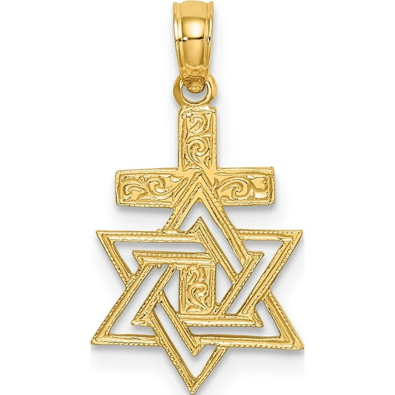 14K Yellow Gold Polished / Engraved Star Of David And Cross Charm Made In United States k8412
