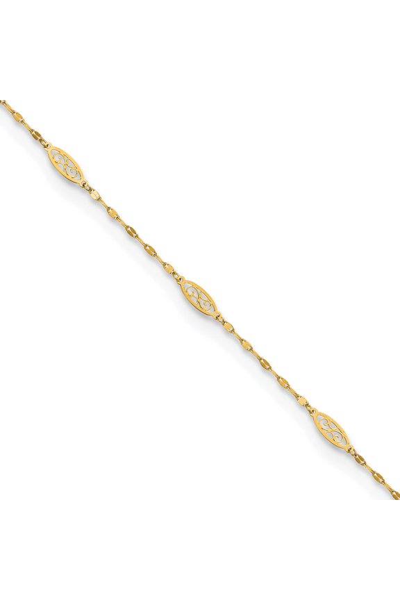 14K Yellow Gold Polished Fancy Filigree Link 9In Plus 1 In Ext. Anklet Made Italy ank327-9