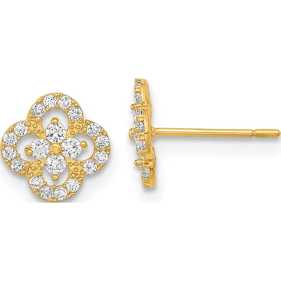 14K Yellow Gold Polished Flower Cz Post Earrings (8 X 8) Made In Vietnam ye1982