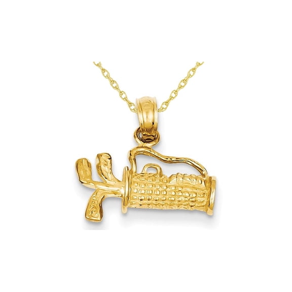 14K Yellow Gold Polished Golf Bag with Clubs Charm Pendant Necklace with Chain for Men
