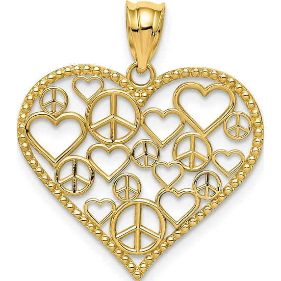 14K Yellow Gold Polished Hearts And Peace Signs In Heart Pendant (25 X 22) Made United States k3991